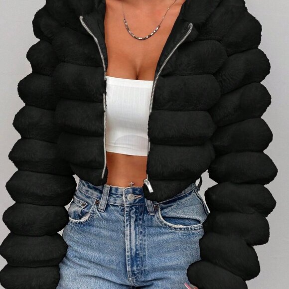 Black Casual Women's Fluffy faux fur Hooded Cropped Jacket - Picture 5 of 7
